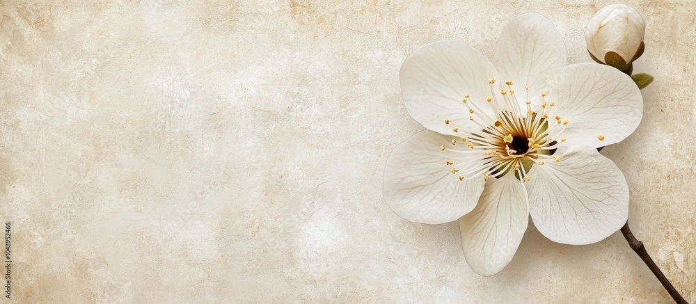 Aufkleber Textured stylish vintage paper background square shaped featuring a white Natal Plum flower. with copy space image. Place for adding text or design