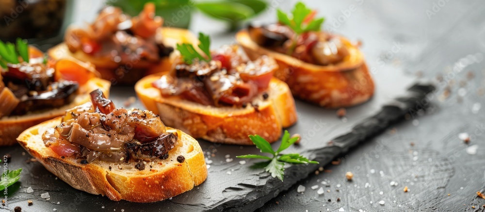 Poster tasty bruschettas topped with truffle sauce on a grey table room for text. with copy space image. pl