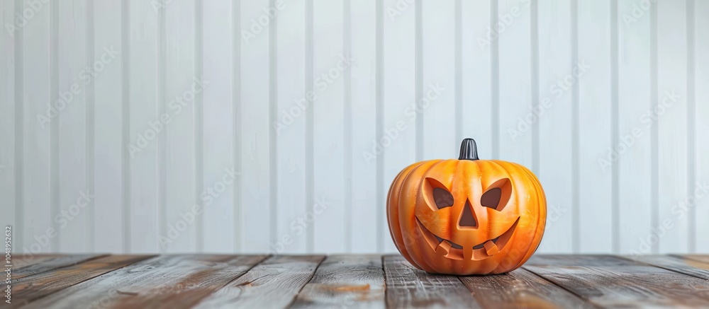 Poster Halloween pumpkin on a wooden table against a backdrop of white boards Halloween setting Room for text. with copy space image. Place for adding text or design