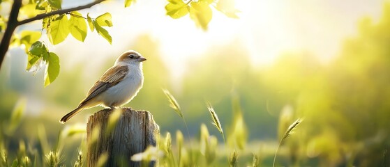  A small bird atop a weathered post amidst a sea of waving grasses under a radiant sun