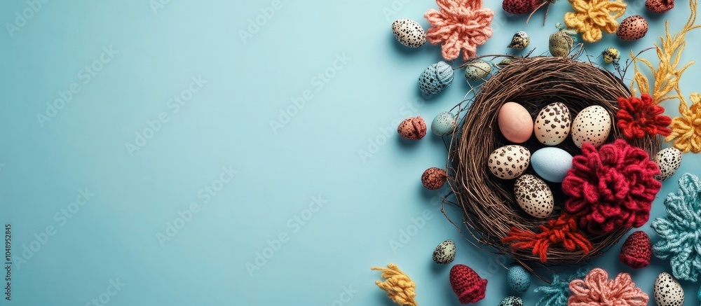 Aufkleber easter card featuring a nest of quail eggs and decorative knitted flowers in various colors on a pas