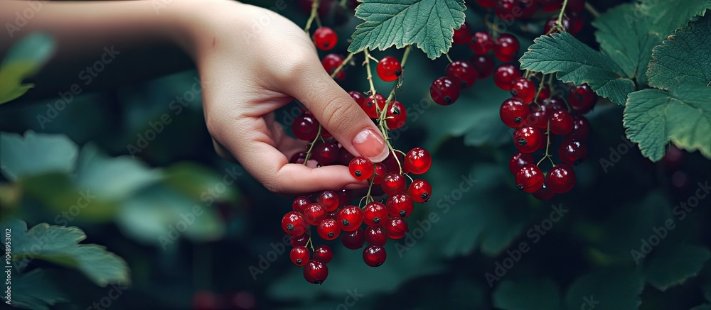 Poster a female hand picks a cluster of red currants from a bush with copy space available