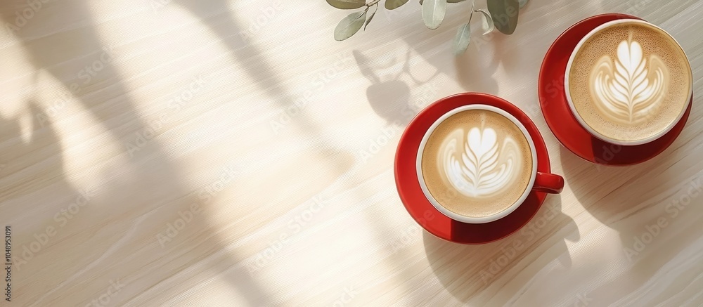 Poster aromatic coffee in a red cup topped with milk foam and latte art alongside freshly brewed coffee in 