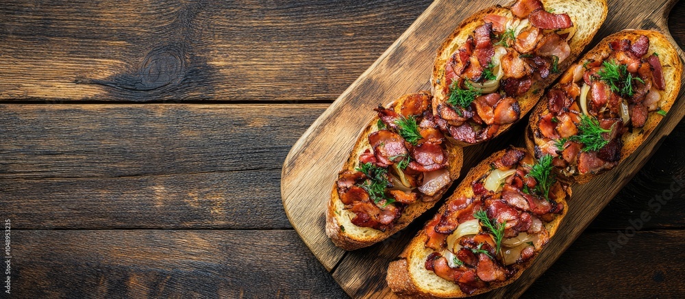 Aufkleber liver bacon and onions on bread dish served on a board over a wooden background with copyspace