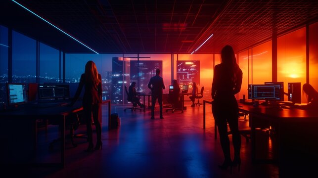 A Diverse Team of Professionals Collaborating in a Futuristic Office During Sunset