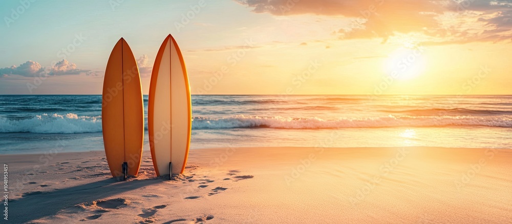 Poster summer backdrop two surfboards on the sandy beach at sunset or sunrise. with copy space image. place