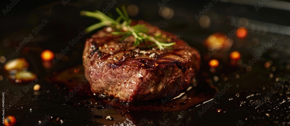 Poster the grilled beef against the dark backdrop. with copy space image. place for adding text or design