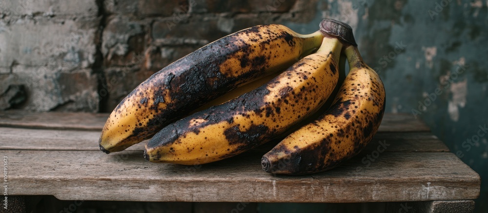 Aufkleber ripe bananas start to decay and their skin turns black the bananas are set on a wooden bench close u