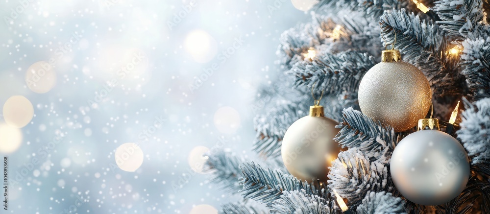 Poster christmas festive backdrop featuring a xmas tree decorations on a silver background with copy space 