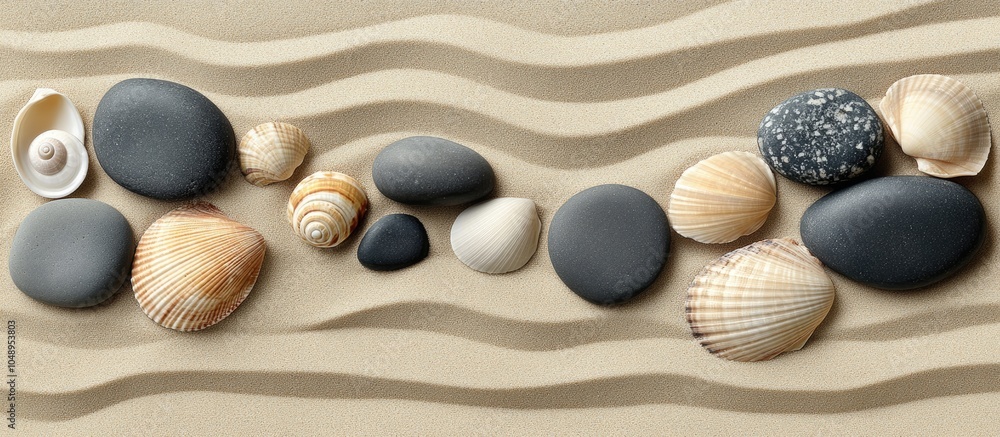 Poster zen spa river rocks and shells arranged as a border on sand. with copy space image. place for adding