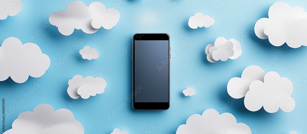 Poster Top view of white paper cut clouds with light striking a smartphone against a blue background. with copy space image. Place for adding text or design