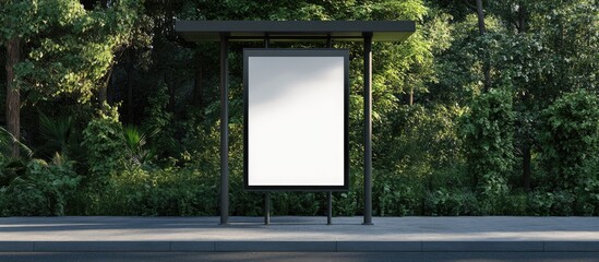 Blank billboard poster advertisement mockups at an empty bus stop shelter along the main road with greenery in the background out of home OOH vertical billboard media display area