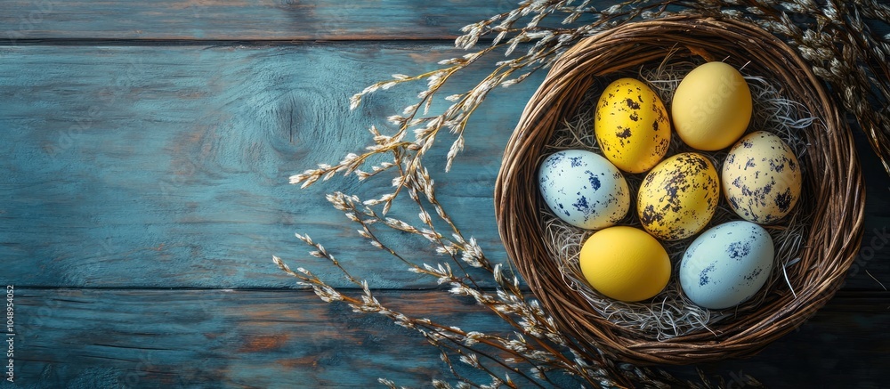 Aufkleber Easter eggs in a basket alongside willow branches on a wooden surface. with copy space image. Place for adding text or design