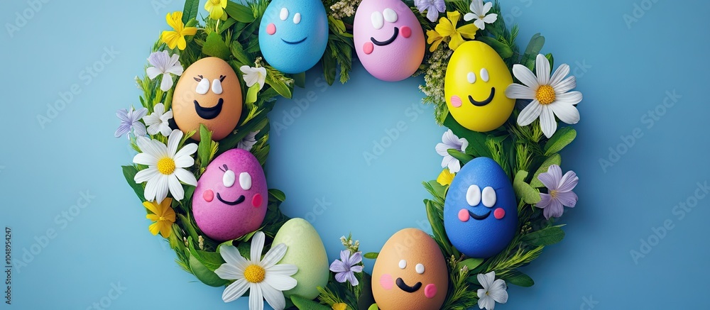 Aufkleber easter card adorable easter eggs featuring painted faces within a spring wreath including copy space