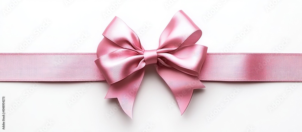 Poster Single pink gift bow with three wide ribbons in parallel over a white background. with copy space image. Place for adding text or design