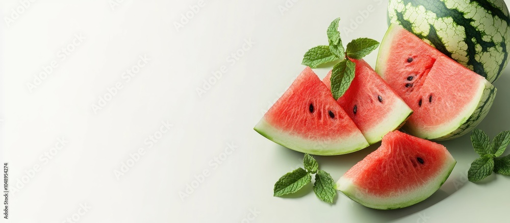 Leinwandbilder ripe watermelon slices with mint on a green table set against a white background. with copy space im