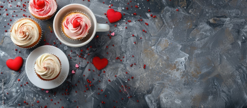 Poster Valentine s Day greeting card featuring delightful sweet cupcakes and a coffee cup on a stone background Top view with space for your messages. with copy space image. Place for adding text or design