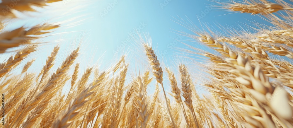 Leinwandbilder close up of ripe wheat or rye ears against a clear blue sky viewed from a low angle. with copy space