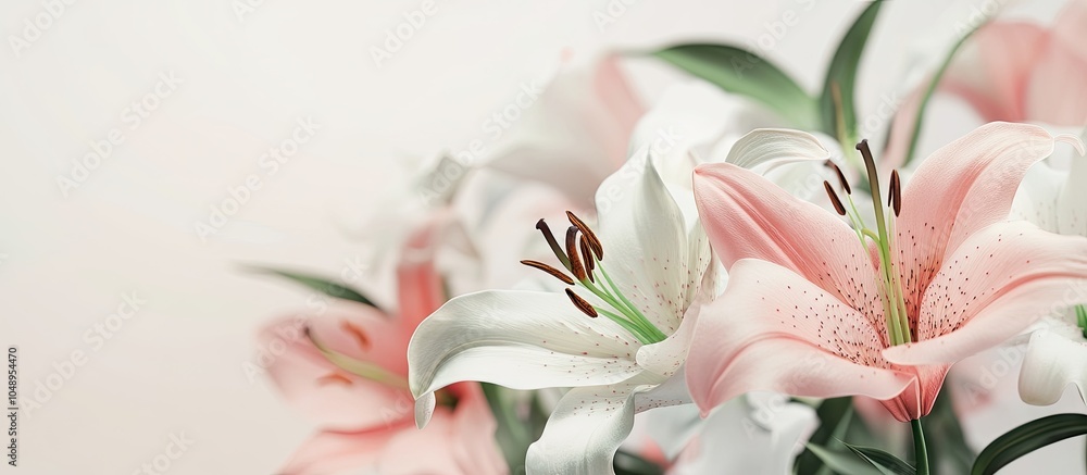 Aufkleber blooming white and pink lilies. with copy space image. place for adding text or design