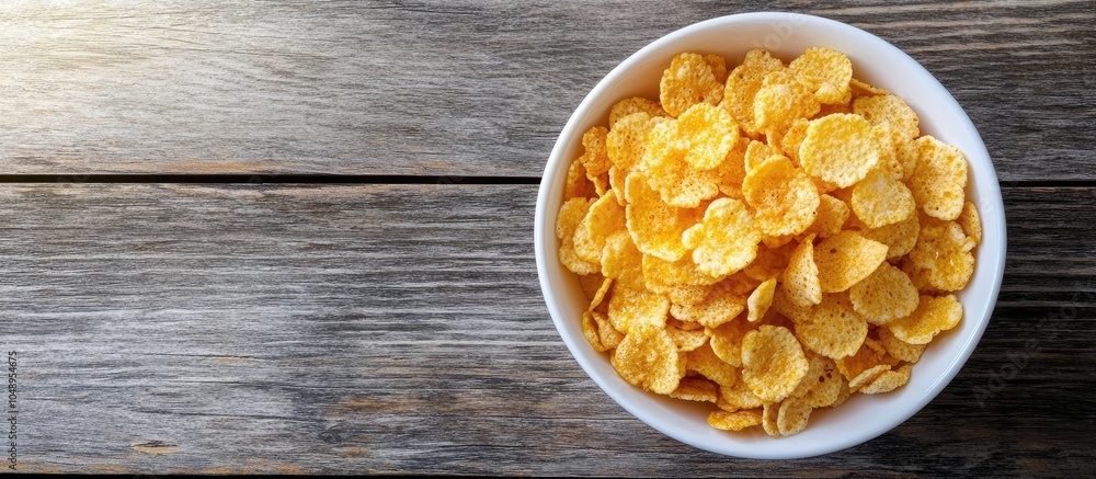 Poster corn flakes topped with honey in a white bowl on a wooden surface top view copy space