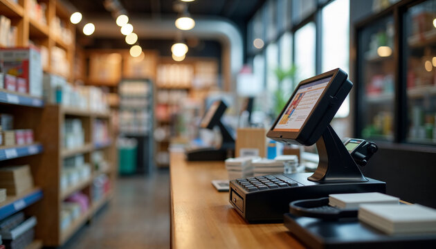 Modern checkout counter in a retail shop with organized shelves and warm lighting