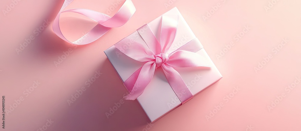 Poster Gift box with a pink ribbon set against a pastel pink background Valentine s Day composition Flat lay top view Banner. with copy space image. Place for adding text or design