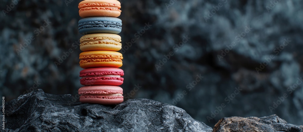 Leinwandbilder A stack of colorful and sweet French macaroons set against a dark rock backdrop. with copy space image. Place for adding text or design