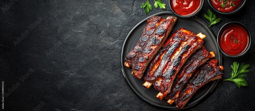 Poster Close up of spicy grilled spare ribs on a plate resting on a dark stone background with copy space Top view flat lay