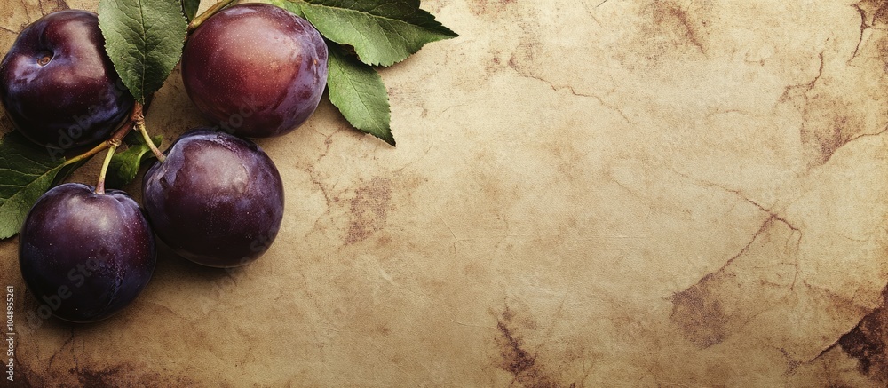 Poster textured vintage paper background featuring plums. with copy space image. place for adding text or d
