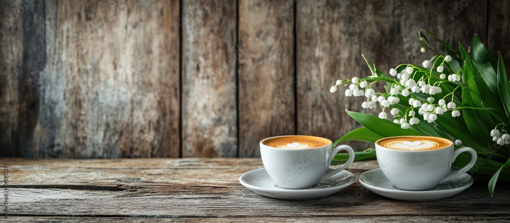 Fototapete coffee espresso cups and lily of the valley against a backdrop of weathered wooden boards in sunligh