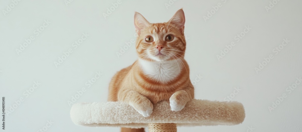 Aufkleber Orange cat sits on a cat tree gazing at the camera against a white background. with copy space image. Place for adding text or design
