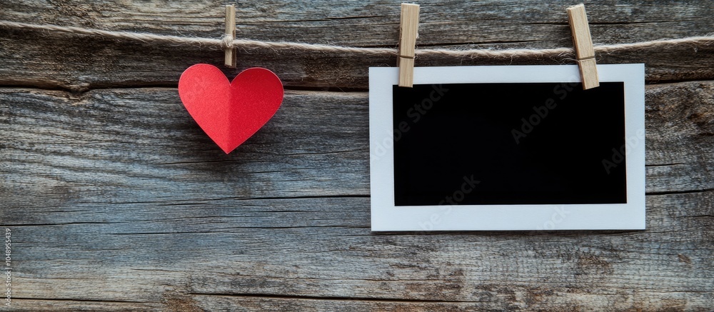 Poster Instant photo and paper heart hanging on a clothesline with no words against an old wood backdrop. with copy space image. Place for adding text or design
