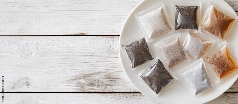 Aufkleber tea bags on a white wooden table viewed from above. with copy space image. place for adding text or 