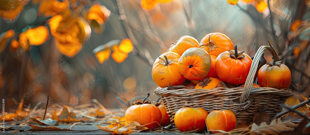 Poster fresh ripe persimmons in a wicker basket on the ground. with copy space image. place for adding text