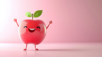 Cute apple 3d character standing in dancing pose on pink background