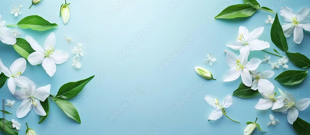 Poster summer blooms on blue backdrop. with copy space image. Place for adding text or design