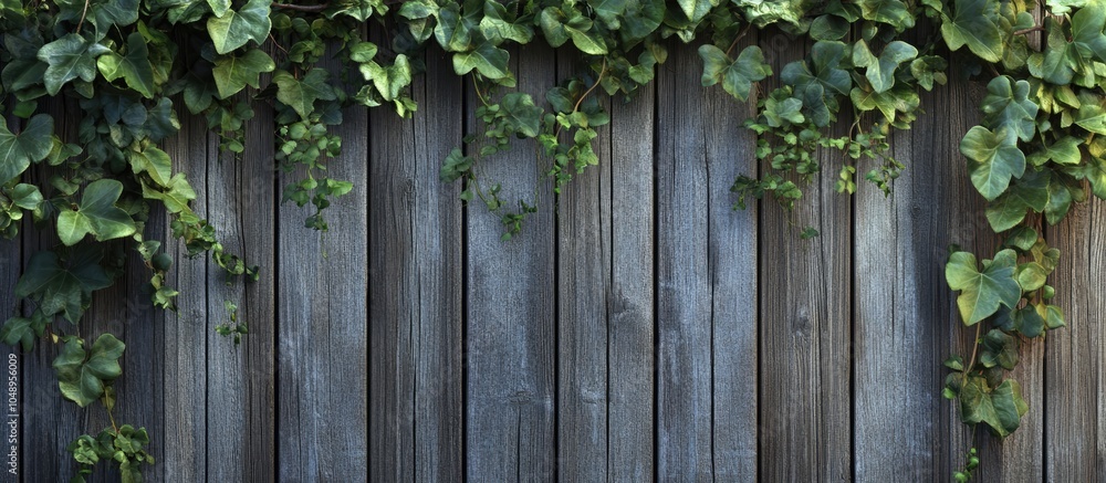 Fototapete Ivy Hanging Down an Old Wooden Fence with Area for Text Image. with copy space image. Place for adding text or design