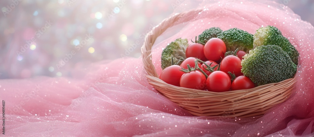 Poster wooden basket containing cherry tomatoes and chopped broccoli encircled by pink tulle fabric with sp