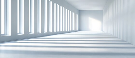 Fototapeta premium A lengthy white corridor, adorned with vertical blinds on both walls Light pours in from the window, illuminating the space