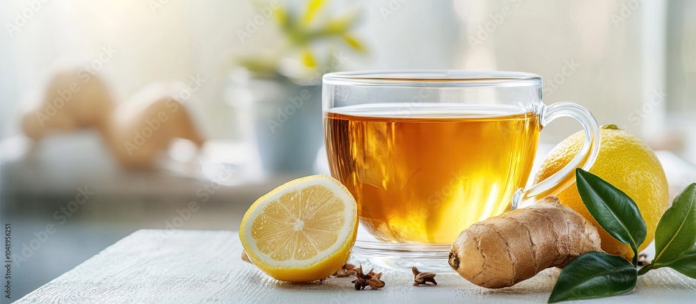 Aufkleber Ginger tea with lemon on a white table. with copy space image. Place for adding text or design