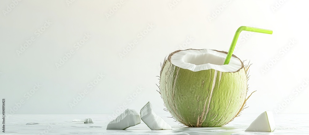 Poster broken coconut and green coconut with a straw on a white background. with copy space image. place fo