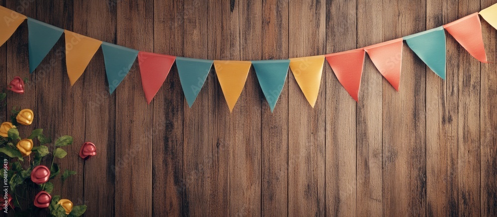 Aufkleber small flags surrounding a wooden texture background with copy space