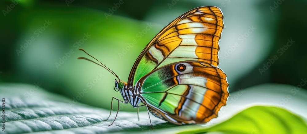 Aufkleber close up of a siproeta stelenes malachite butterfly resting beneath a leaf. with copy space image. p
