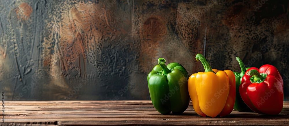 Poster vibrant peppers on a wooden surface. with copy space image. place for adding text or design