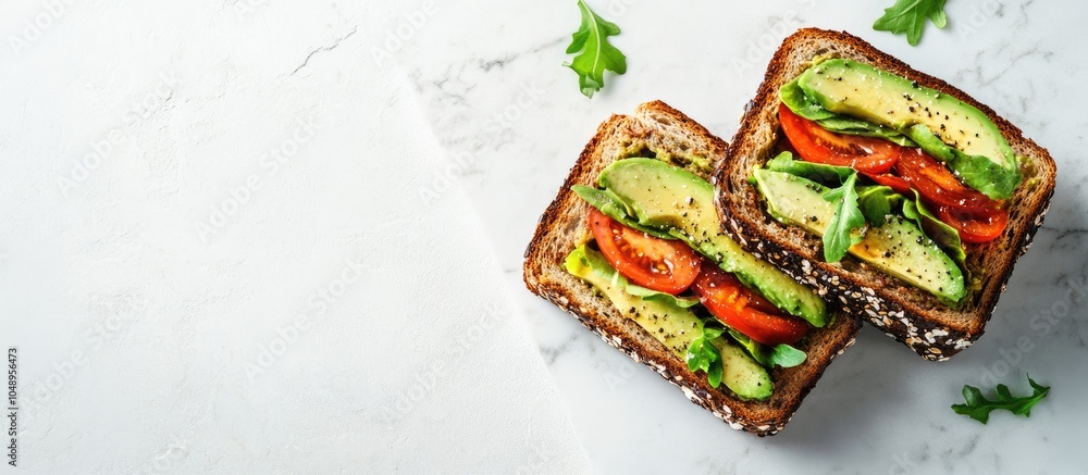 Poster tasty avocado sandwiches on a white marble table top view room for text. with copy space image. plac