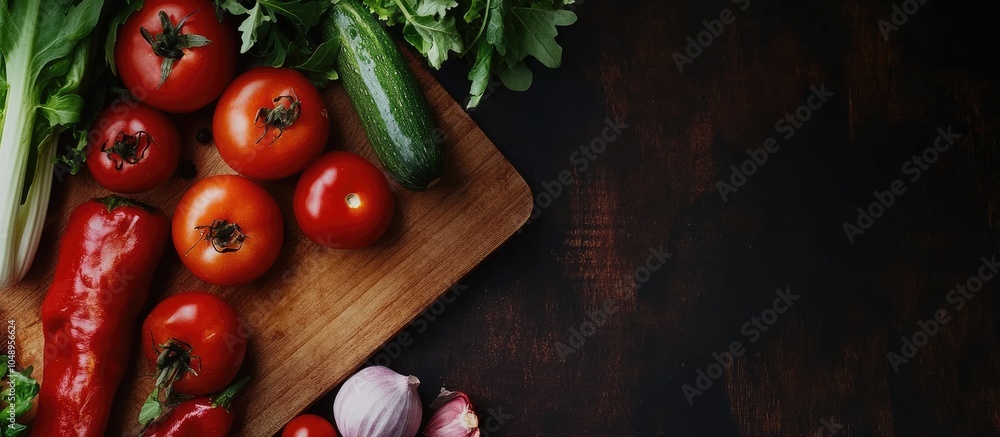 Fototapete a selection of raw organic vegetables arranged as a frame on a blank wooden chopping board dark tone