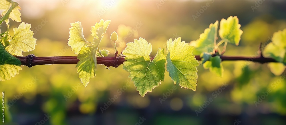 Poster spring leaves on vine plants following spring pruning maintenance. with copy space image. place for 