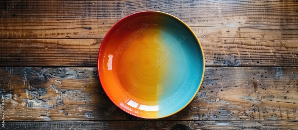 Fototapete Top view of a vacant colorful plate on a wooden surface Blank space for your design. with copy space image. Place for adding text or design