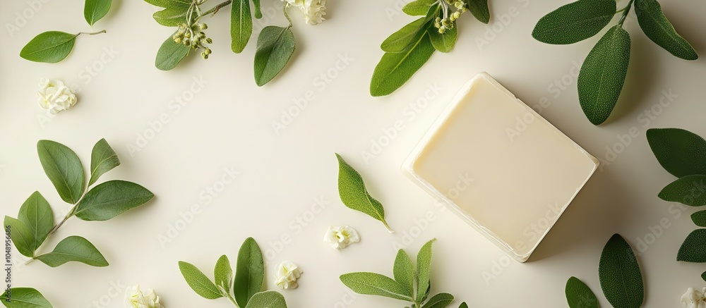 Leinwandbilder organic soap block with fresh herbal foliage. with copy space image. place for adding text or design