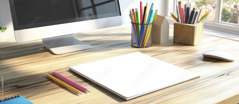 Poster Blank book colored pens and a computer placed on a wooden desk. with copy space image. Place for adding text or design